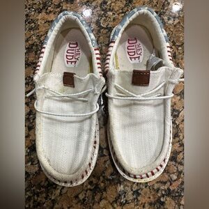 Hey Dude Off-White Canvas Slip-On Sneakers with Brown Logo Tab